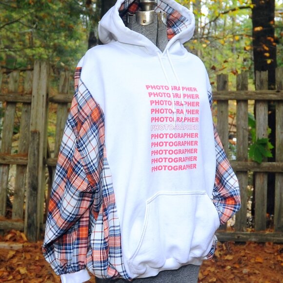 PHOTOGRAPHER Preme Upcycled Reconstructed Hoodie Sweatshirt XL Plaid Sleeves - Picture 7 of 10